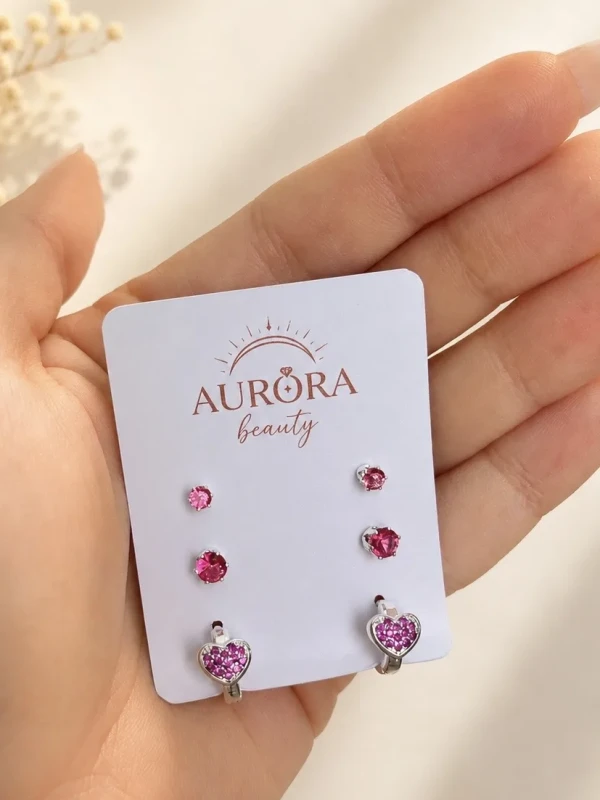 Trio de brinco coração rosa
