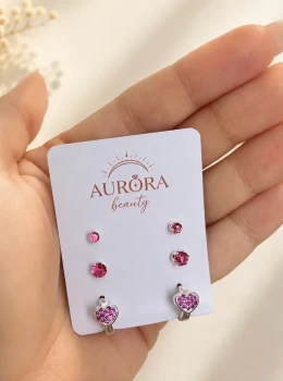 Trio de brinco coração rosa