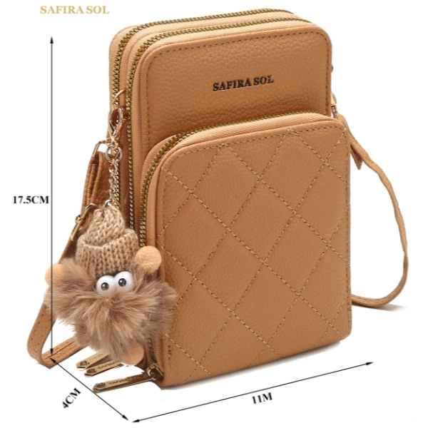 Bolsa Transversal Compacta Feminina – Cor Caramelo | 3 Compartimentos com Zíper