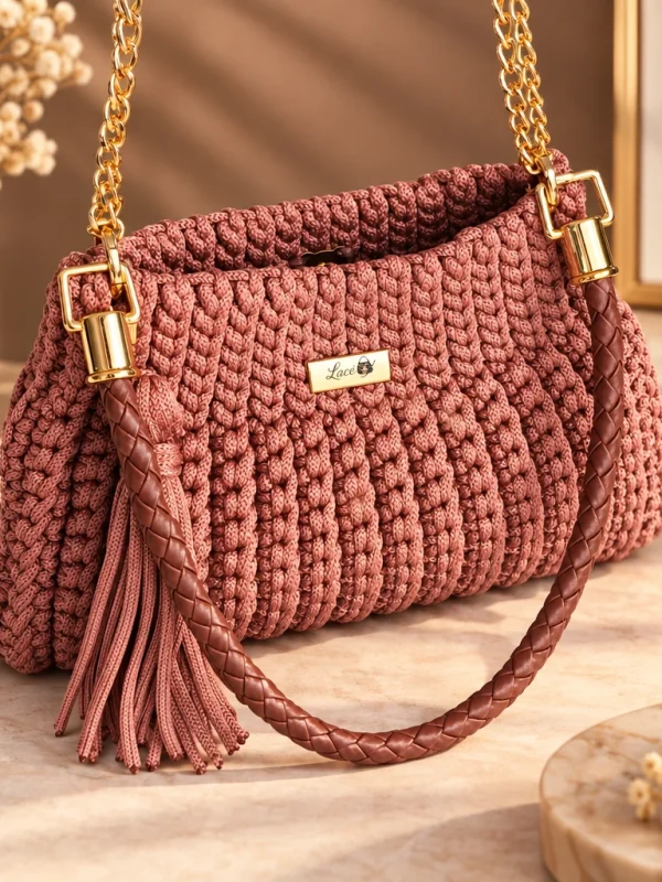 Bolsa Feminina em Crochê com Alça de Mão e de corrente