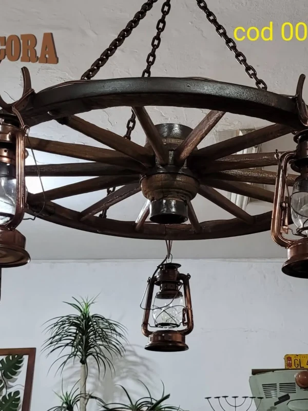 Lustre com roda de carroça 5 Pendentes