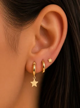 ✨️ Trio de Brincos Pingente Estrela Banhado a Ouro 18K