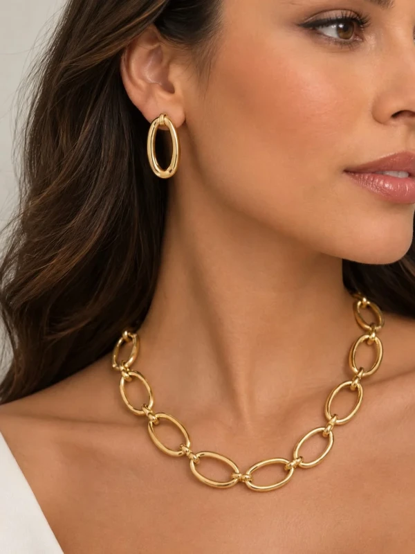 ✨️ Conjunto Colar e Brincos Elos Banhado a Ouro 18K