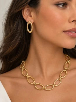 ✨️ Conjunto Colar e Brincos Elos Banhado a Ouro 18K