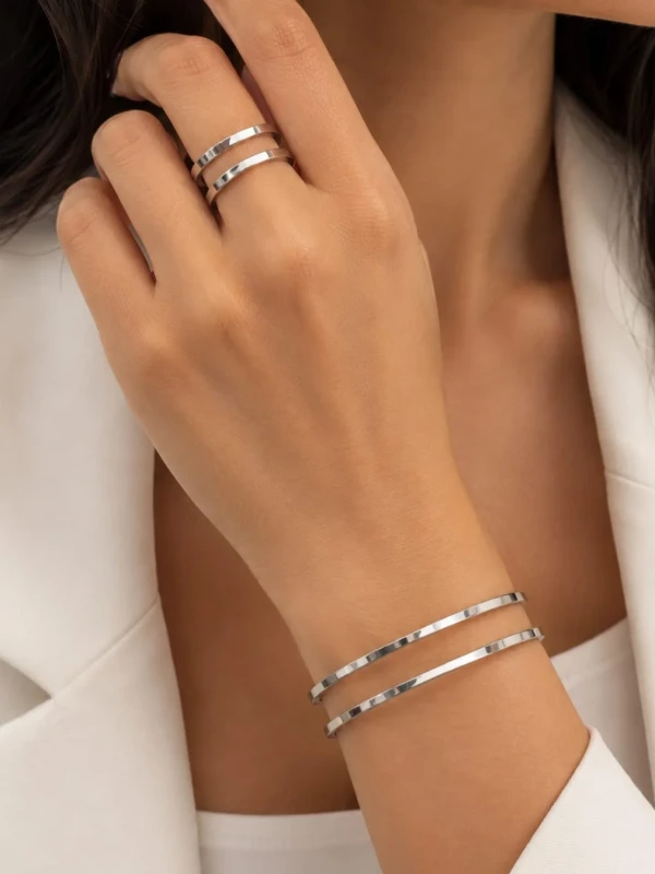 ✨️ Pulseira e Anel Ajustáveis em Aço Inoxidável Prata