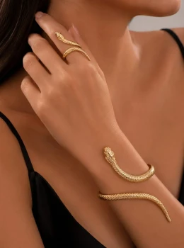 ✨️ Conjunto Anel e Bracelete Ajustáveis Cobra Banhado a Ouro 18k