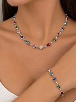 ✨️ Conjunto Colar e Pulseira Coração Pedrinhas Coloridas Banhado a Prata 925