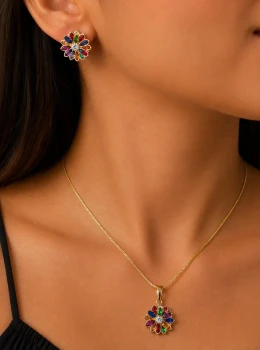 ✨️ Conjunto Colar e Brincos Flor de Lótus em Pedras Zircônias Coloridas Banhado a Ouro 18K