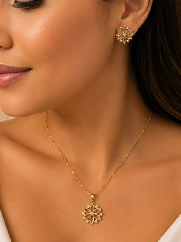 ✨️ Conjunto Brinco e Colar Flor de Lotus Banhado a Ouro 18K