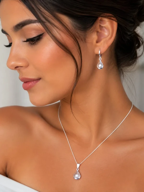 ✨️ Conjunto Colar e Brincos Pingente Pérola em Gota Banhados a Prata 925 ou a Ouro 18k