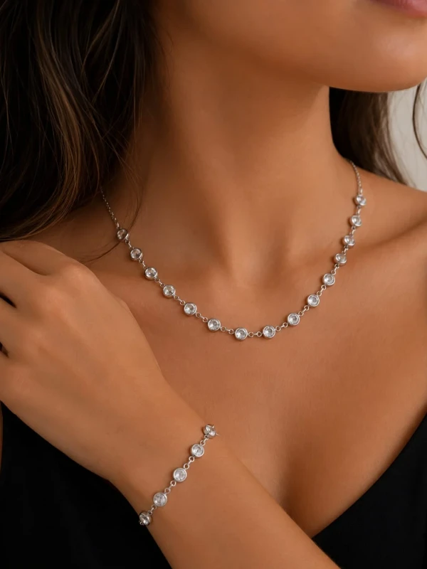 ✨️ Conjunto Choker e Pulseira em Pedras Cristais Banhado a Prata 925