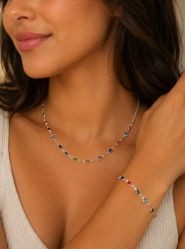 ✨️ Conjunto Colar e Pulseira com Pedrinhas Coloridas Banhado a Prata 925