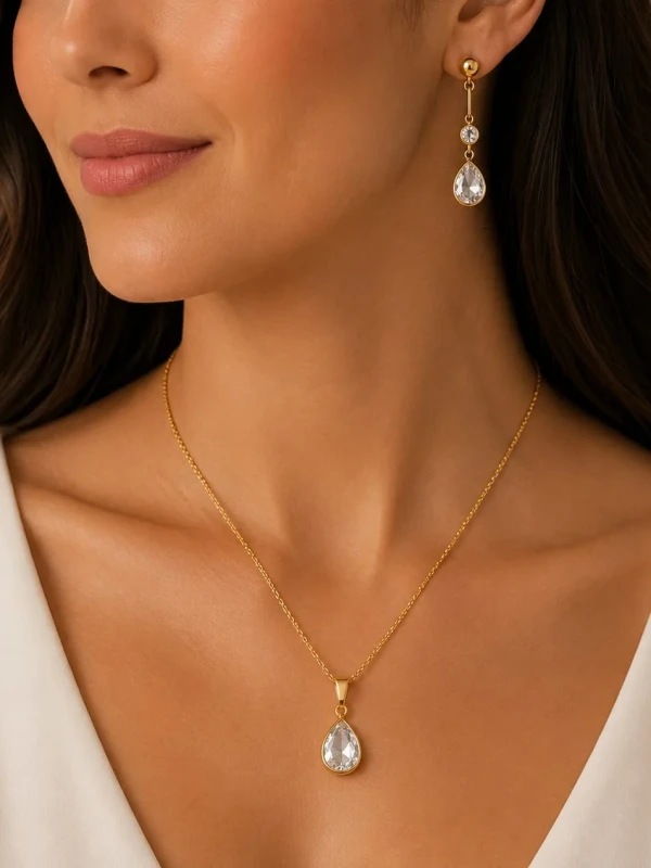 ✨️ Conjunto Colar e Brincos Gota Ponto de Luz Pedra Zircônia Banhado a Ouro 18K