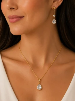 ✨️ Conjunto Colar e Brincos Gota Ponto de Luz Pedra Zircônia Banhado a Ouro 18K