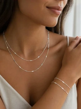 ✨️ Conjunto Colar e Pulseira de Lantejoulas em Formato de Coração Duplo Banhado a Prata 925 ou a Ouro 18K