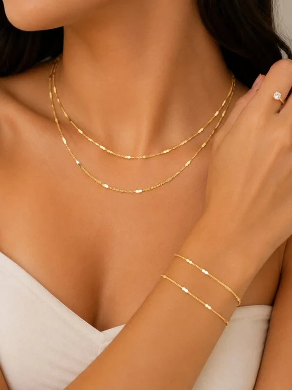 ✨️ Conjunto Colar e Pulseira de Lantejoulas em Formato de Coração Duplo Banhado a Prata 925 ou a Ouro 18K