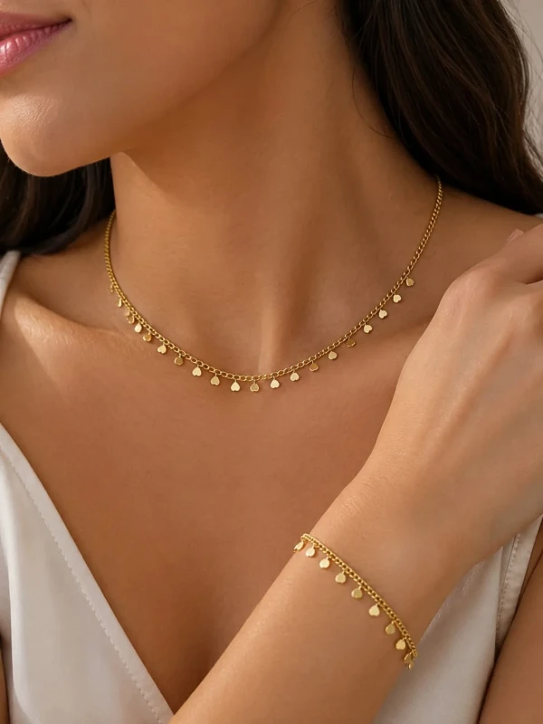 ✨️ Conjunto Colar e Pulseira Mini Corações Banhado a Prata 925 ou Ouro 18K