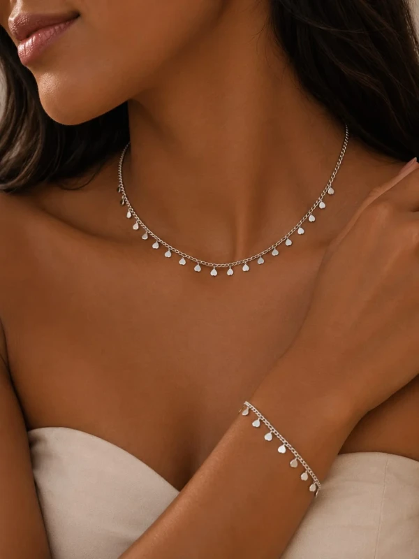 ✨️ Conjunto Colar e Pulseira Mini Corações Banhado a Prata 925 ou Ouro 18K