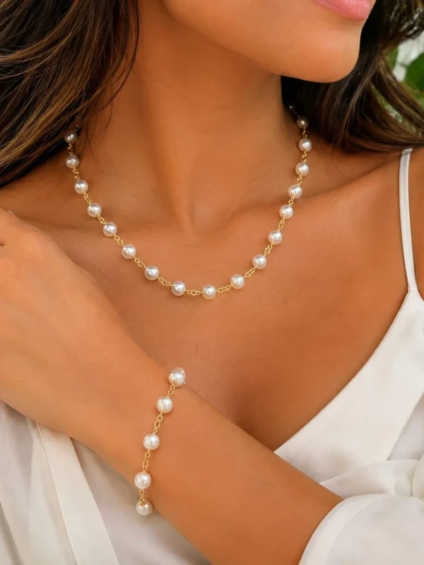 ✨️ Colar e Pulseira em Pérolas Clássicas Banhado a Ouro 18K