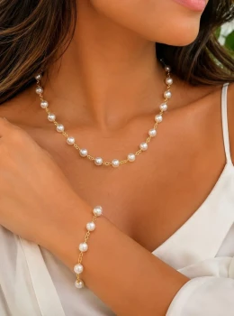 ✨️ Colar e Pulseira em Pérolas Clássicas Banhado a Ouro 18K