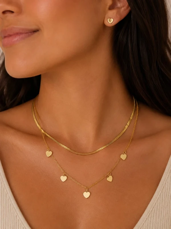 ✨️ Conjunto Colar Duplo e Brincos Coração Liso Aço Inox Dourado