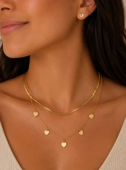 ✨️ Conjunto Colar Duplo e Brincos Coração Liso Aço Inox Dourado