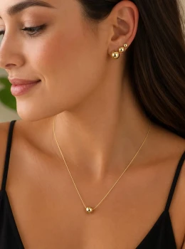 ✨️ Conjunto Colar e Trio de Brincos Esferas Banhado a Ouro 18K