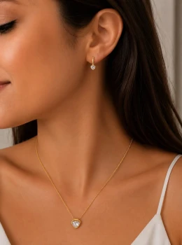 ✨️ Conjunto Colar e Brincos Click Micro Zircônias Coração Ponto De Luz Banhado a Ouro 18K