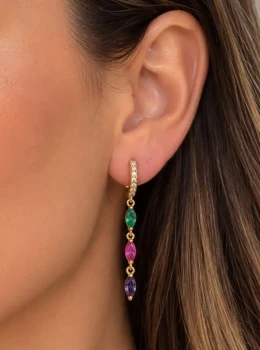 ✨️ Brinco Argola Click Cravejado e Zircônias Coloridas Banhado a Ouro 18K