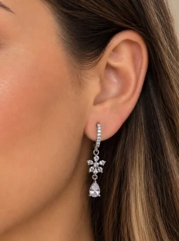 ✨️ Brinco Argola Click Cravejado em Zircônias e Pingente Gota Banhado a Prata 925