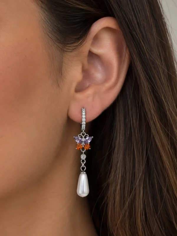✨️ Brinco Argola Click Cravejado em Zircônias e Pingente Pérola Gota Banhado a Prata 925