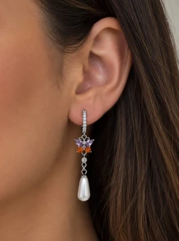 ✨️ Brinco Argola Click Cravejado em Zircônias e Pingente Pérola Gota Banhado a Prata 925