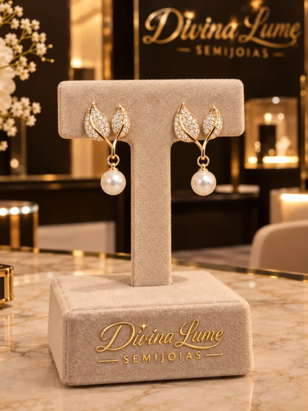 ✨️ Brinco Pérola Folhas  Cravejado em Strass Banhado a Ouro 18K ou Prata 925