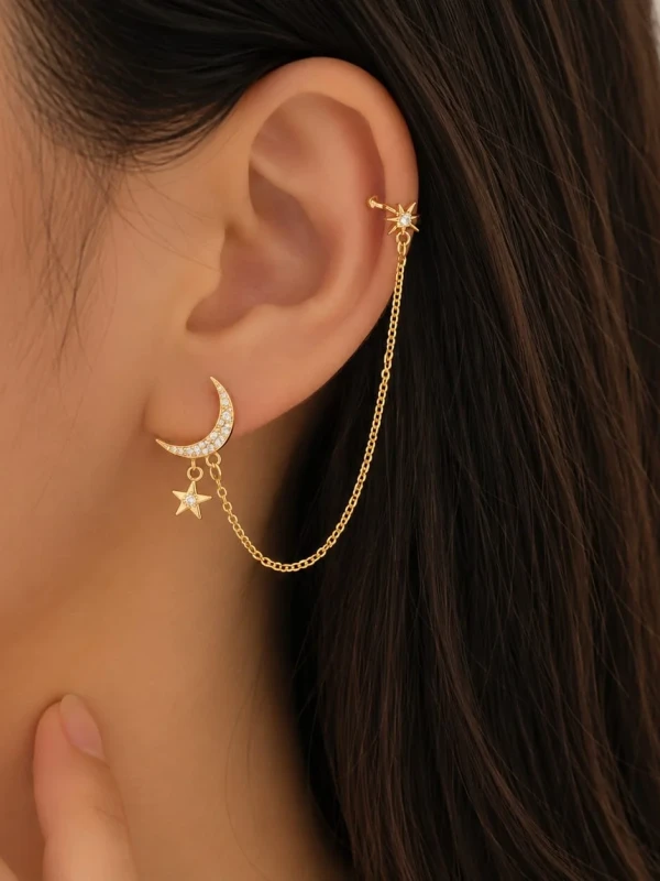 ✨️ Brinco Piercing Lua Cravejado Banhado Ouro 18k