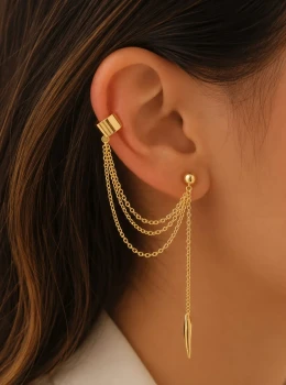 ✨️ Brinco Piercing Corrente Folhas Banhado Ouro 18K
