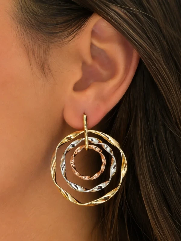 ✨️ Brinco Argolas Triplo Banhado a Ouro 18K Amarelo, Vermelho e Branco