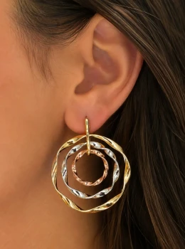 ✨️ Brinco Argolas Triplo Banhado a Ouro 18K Amarelo, Vermelho e Branco