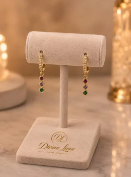 ✨️ Brinco Cravejado em Pedra de Zirconia com Pingentes Coloridos Ouro 18K