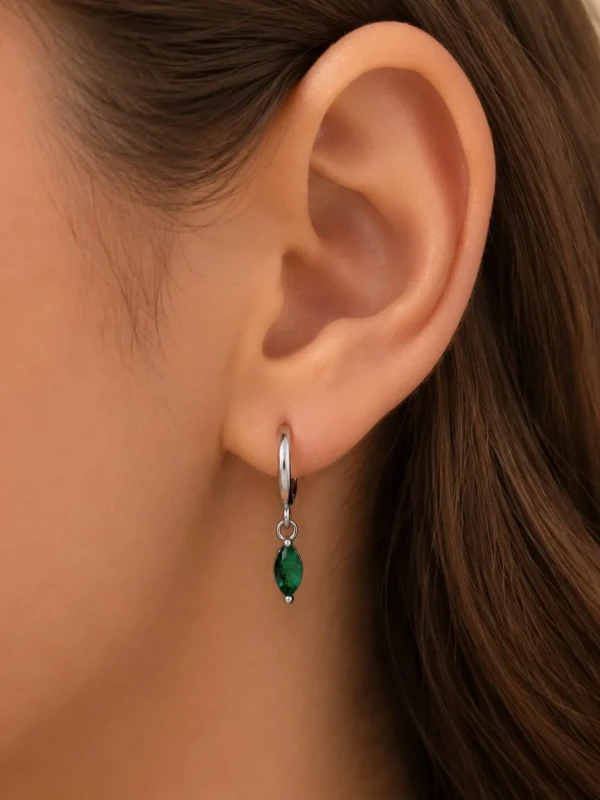 ✨️ Brinco Argola Click Pingente Zircônia Verde Banhado a Prata 925