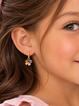 ✨️ Brinco Argola Click Pingente Flor Zircônias Coloridas Banhada a Ouro 18K