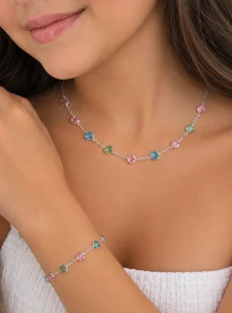 ✨️ Conjunto Colar e Pulseira coração Pedrinhas Coloridas Banhado a Prata 925