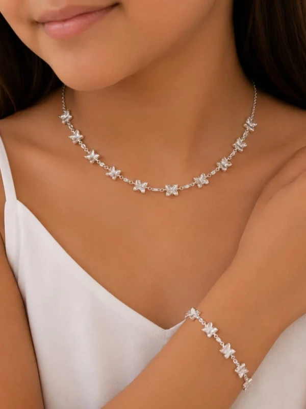 ✨️ Conjunto Colar e Pulseira com Borboletas Cristal Banhado a Prata 925