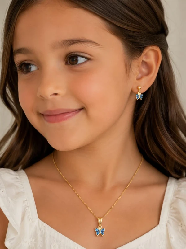 ✨️ Conjunto Infantil Colar e Brincos Borboleta Azul Folheado a Ouro 18k