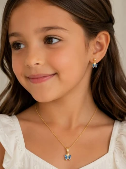 ✨️ Conjunto Infantil Colar e Brincos Borboleta Azul Folheado a Ouro 18k