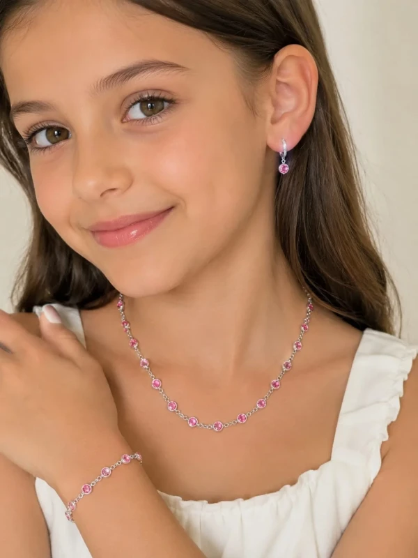 ✨️ Conjunto Colar Chocker + Pulseira + Brinco Argola Click Zircônia Rosa Banhado a Prata 925