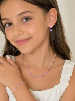 ✨️ Conjunto Colar Chocker + Pulseira + Brinco Argola Click Zircônia Rosa Banhado a Prata 925
