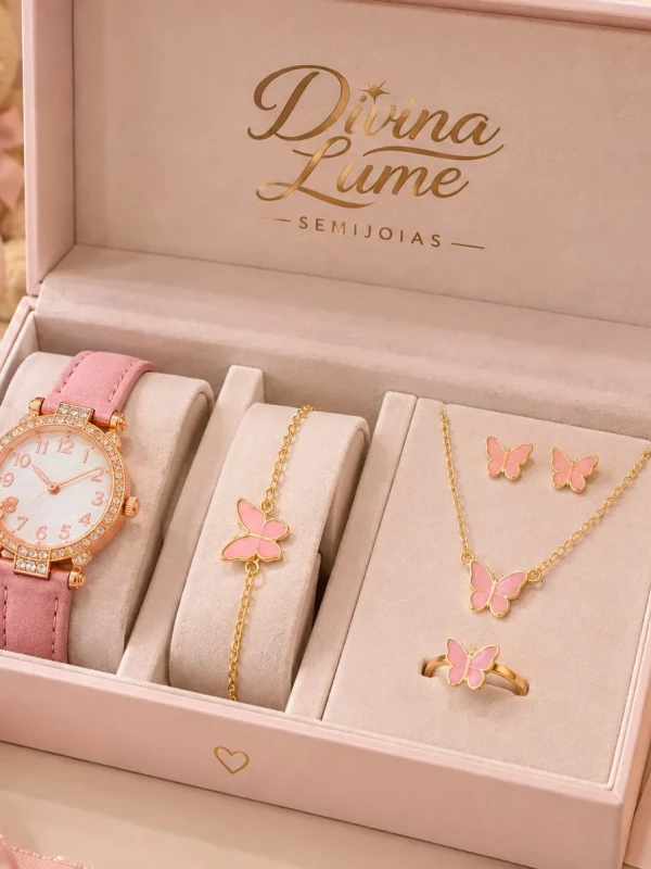 ✨️ Conjunto Completo Relógio, Colar, Brinco e Pulseira Infantil