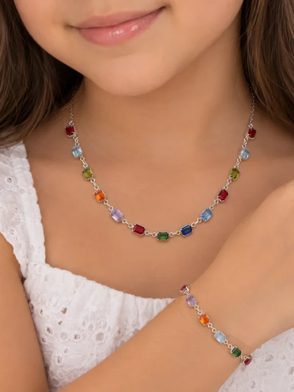 ✨️ Conjunto Colar e Pulseira Pedrinhas Coloridas em Zircônias Banhado a Prata 925