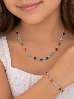 ✨️ Conjunto Colar e Pulseira Pedrinhas Coloridas em Zircônias Banhado a Prata 925