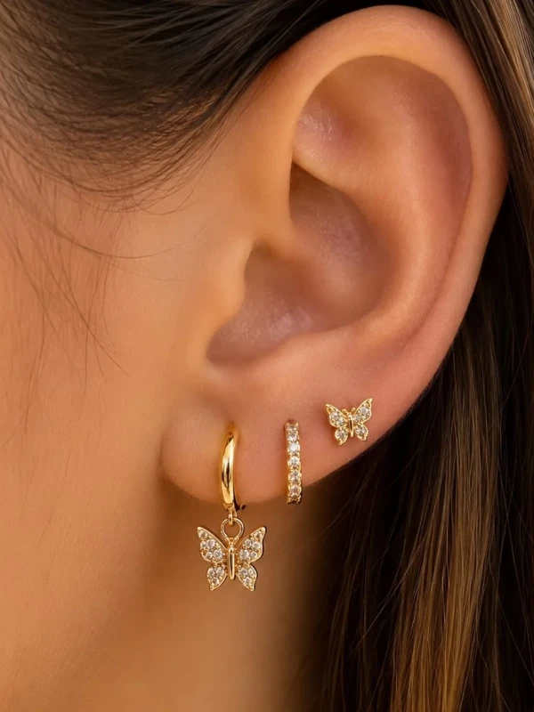 ✨️ Trio Brincos Argolas Click Pingente Borboleta Cravejado em Zircônias Banhado a Ouro 18K ou Prata 925